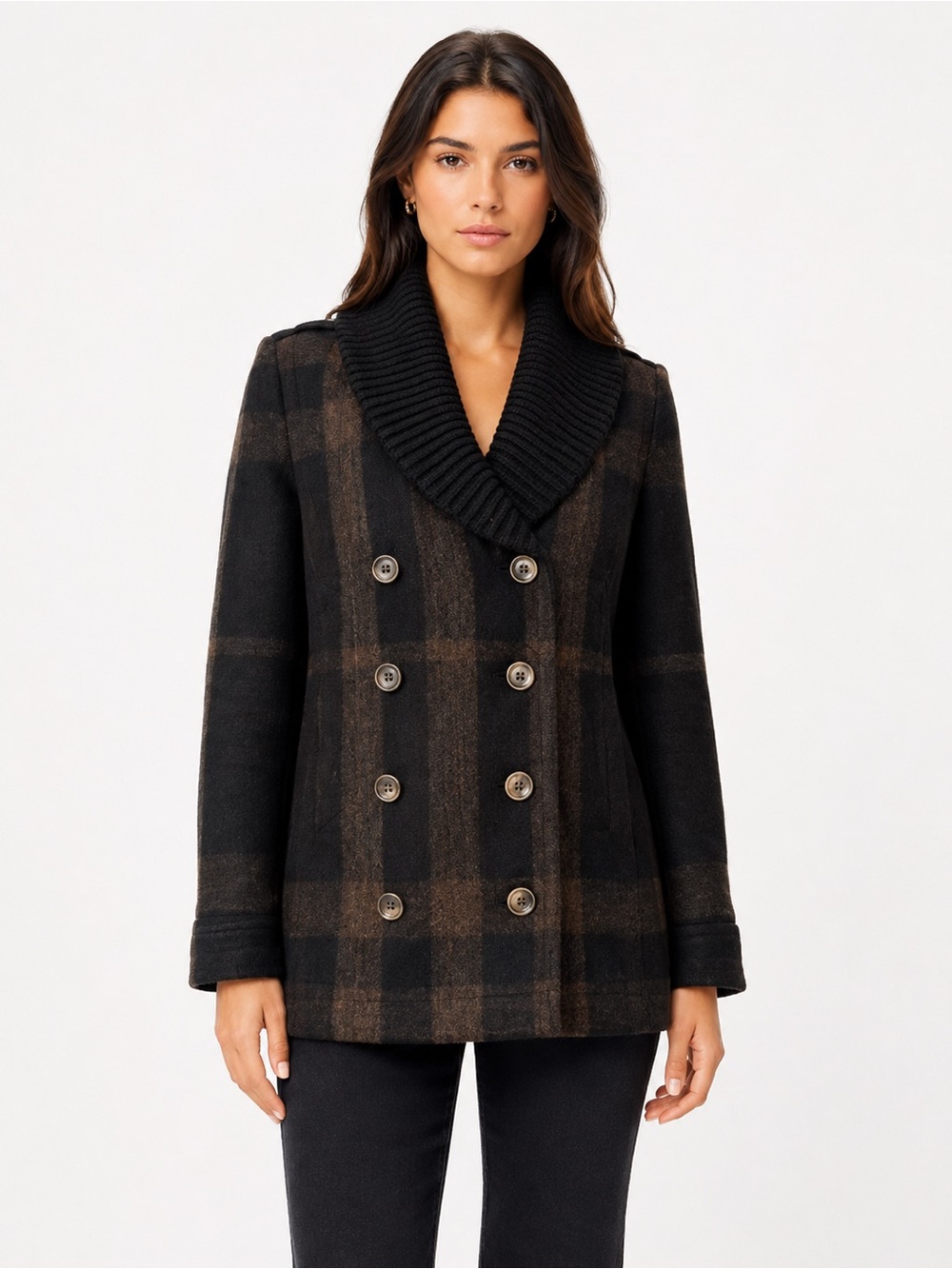 Burberry Black and Brown Plaid Wool Peacoat with Shawl Collar